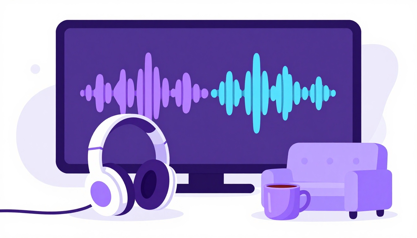 Headphones and a TV with sound waves, showing daily listening practice in English