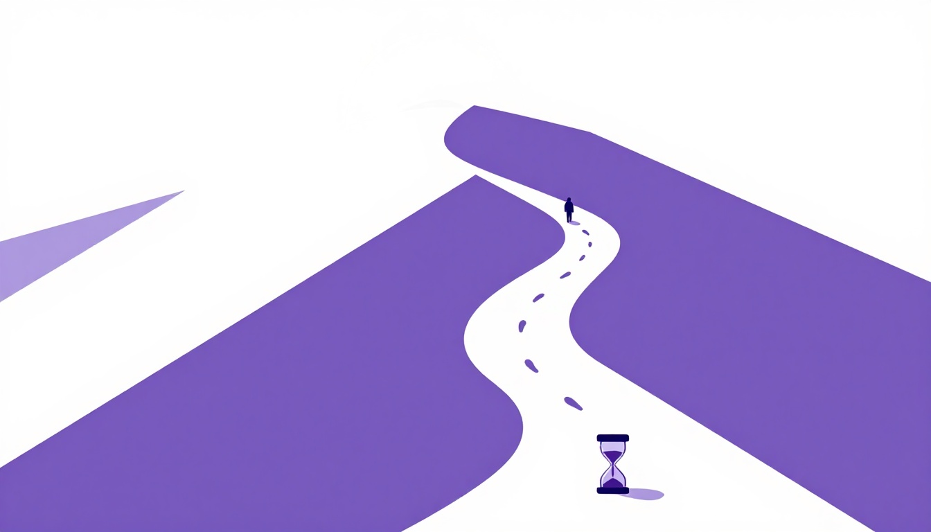A winding path up a mountain with an hourglass, showing how long it takes to learn English