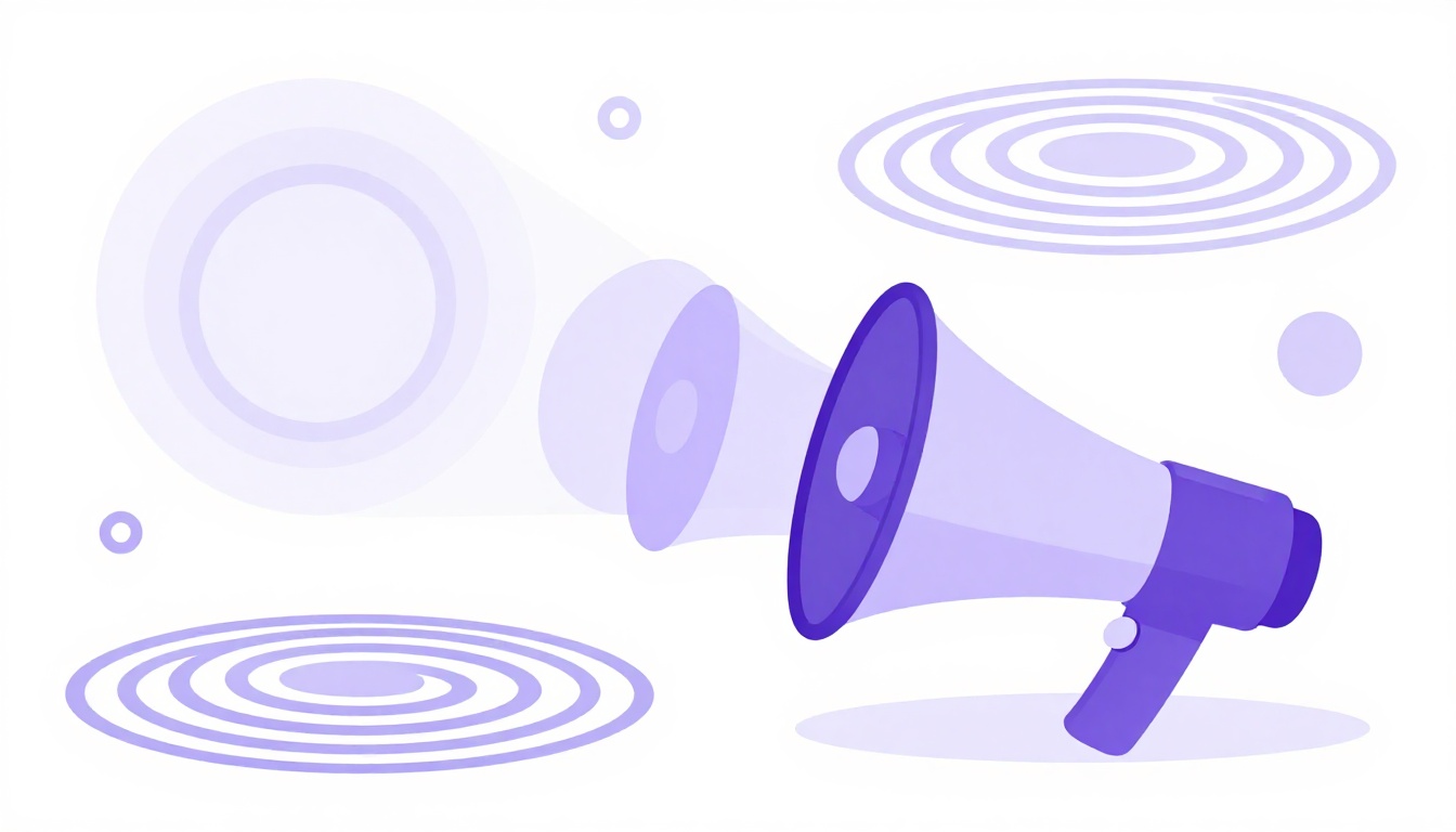 Megafone emitindo ondas sonoras representando a pronúncia das vogais do alfabeto em inglês