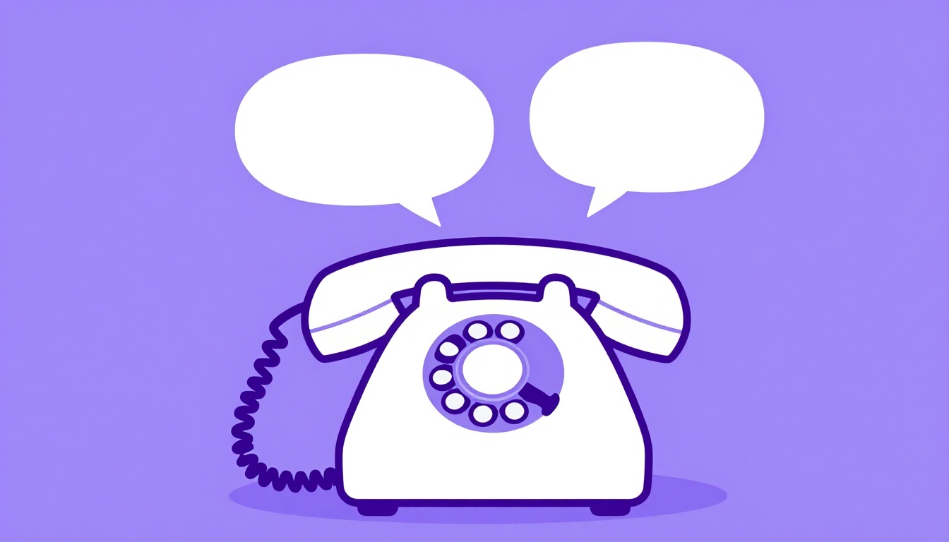 Telefone antigo com balões de fala vazios representando uma ligação em que é preciso soletrar em inglês