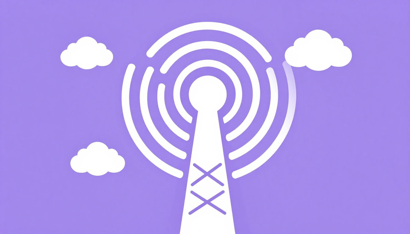 Torre de rádio transmitindo ondas de sinal representando o alfabeto fonético da NATO usado para soletrar por telefone