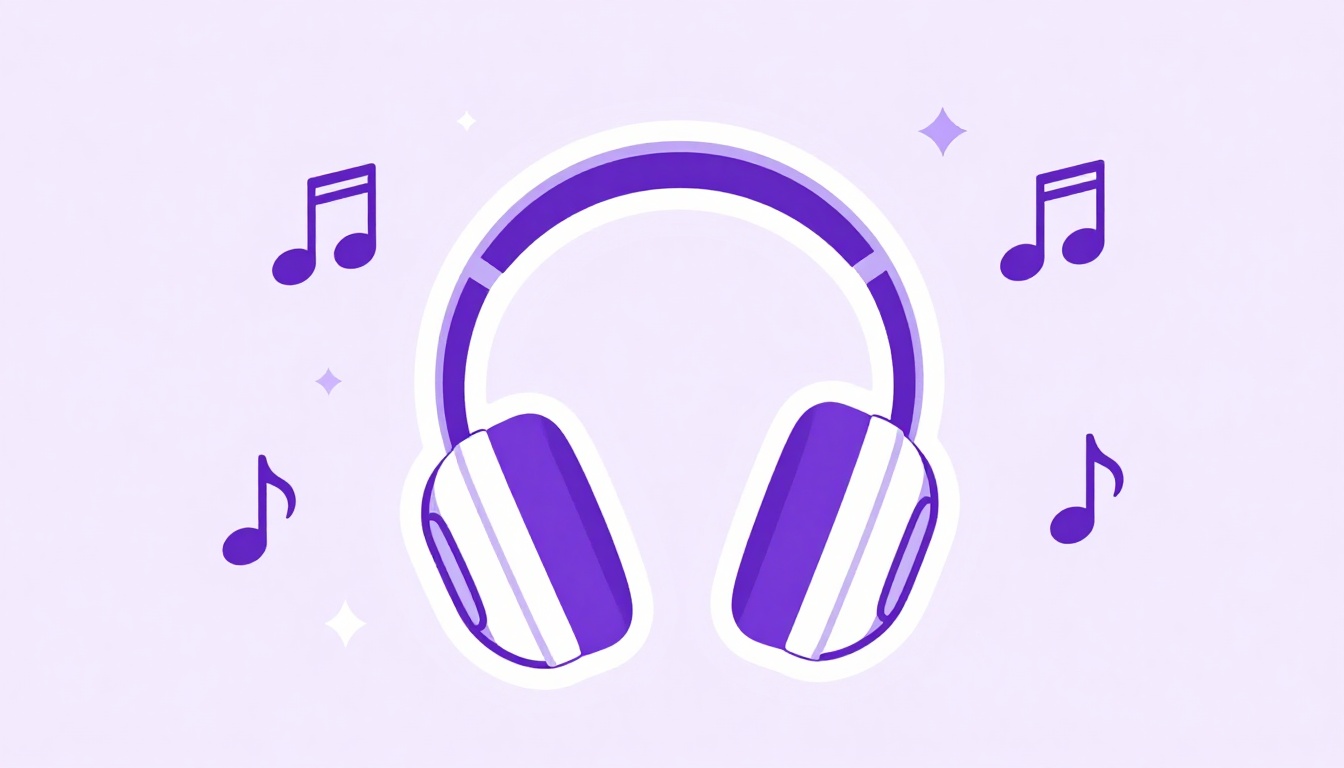 Fone de ouvido roxo com notas musicais flutuando representando o treino de escuta e pronúncia do alfabeto em inglês