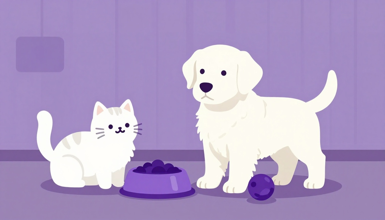 Cachorro golden retriever e gato peludo lado a lado com pote de comida e bolinha, representando animais de estimação em inglês