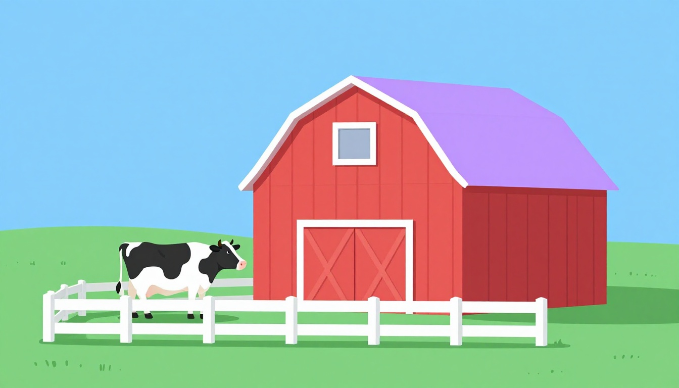 Celeiro vermelho com uma vaca atrás da cerca, representando animais de fazenda em inglês