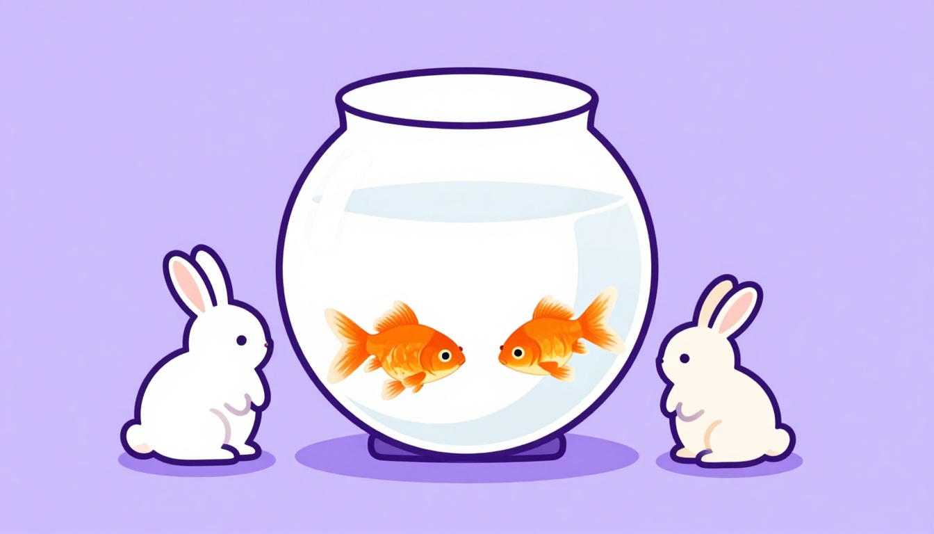 Aquário redondo com peixes dourados e dois coelhos ao lado, representando pets pequenos e acessórios em inglês