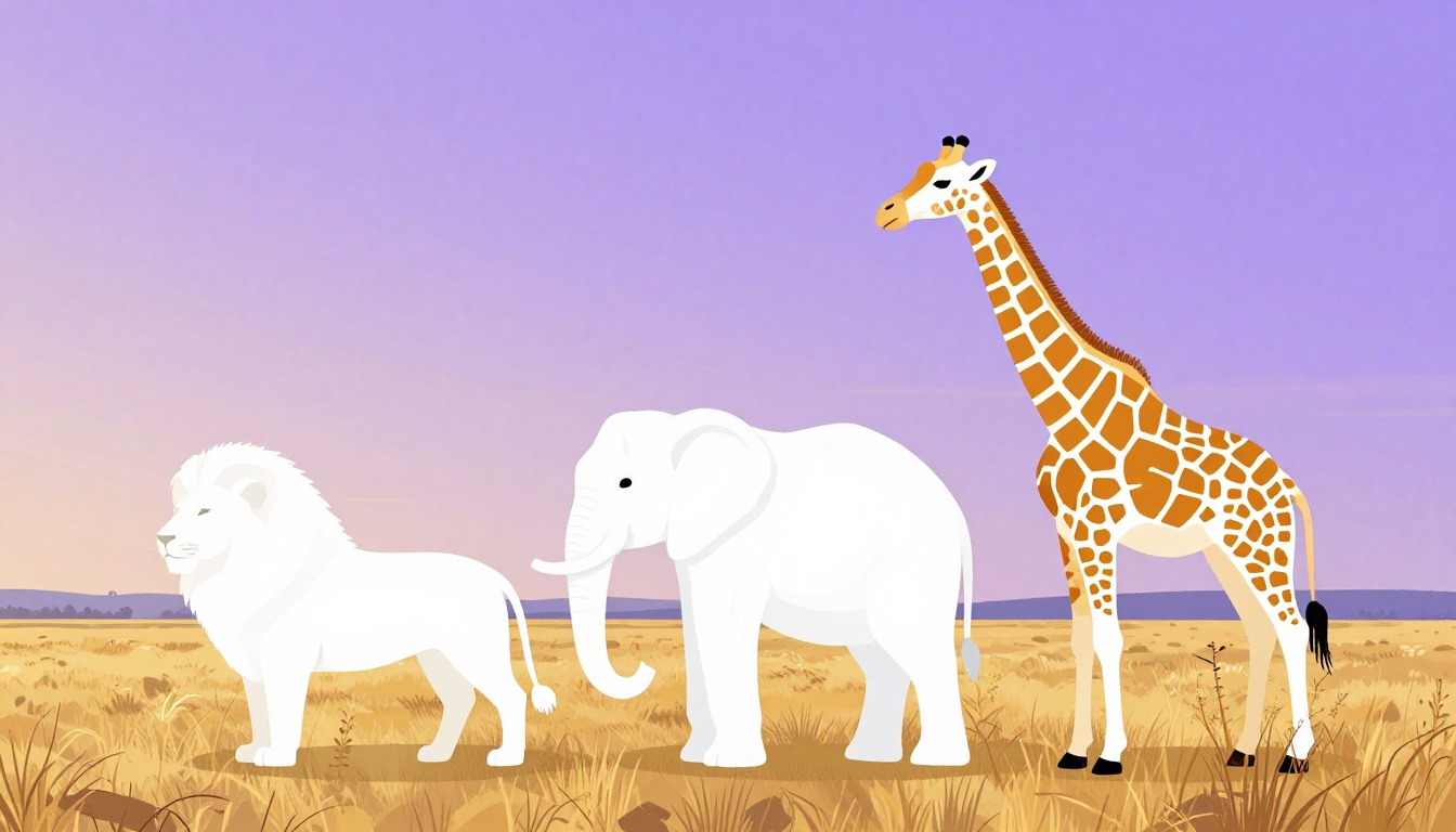 Leão, elefante e girafa na savana africana ao pôr do sol representando animais selvagens em inglês