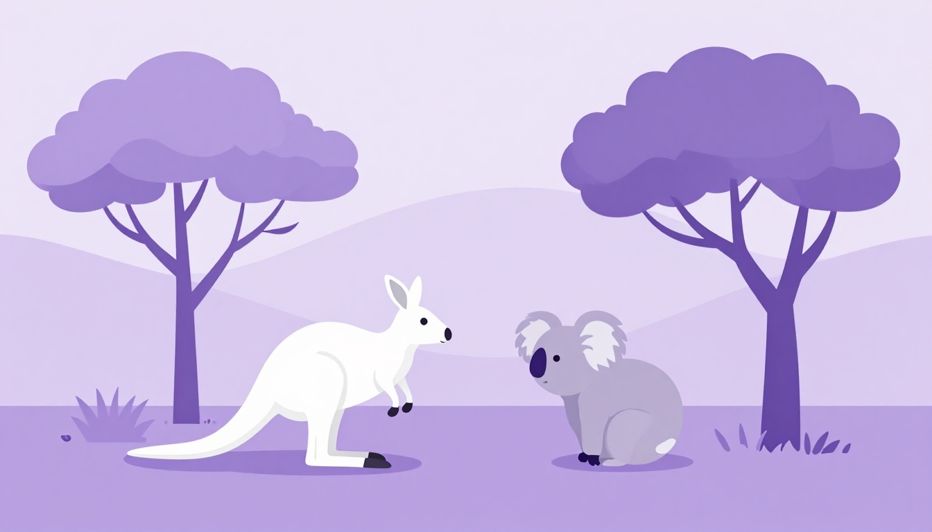 Canguru e coala entre eucaliptos representando a vida selvagem da Austrália