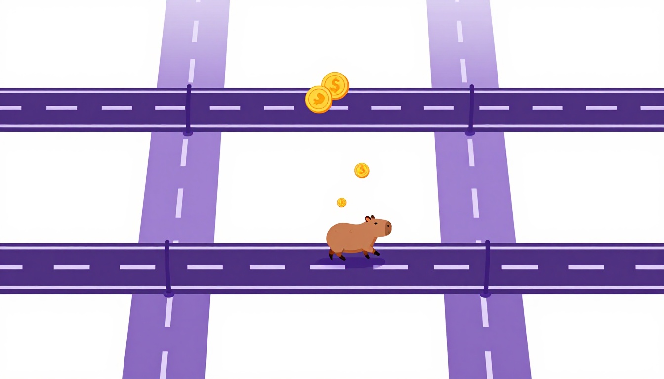 Capivara atravessando uma rua com portões, no estilo do jogo Capy Crossing do app Comigo