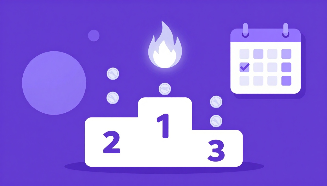 Pódio de três lugares com um ícone de chama e moedas, representando o pódio semanal e o streak do app Comigo