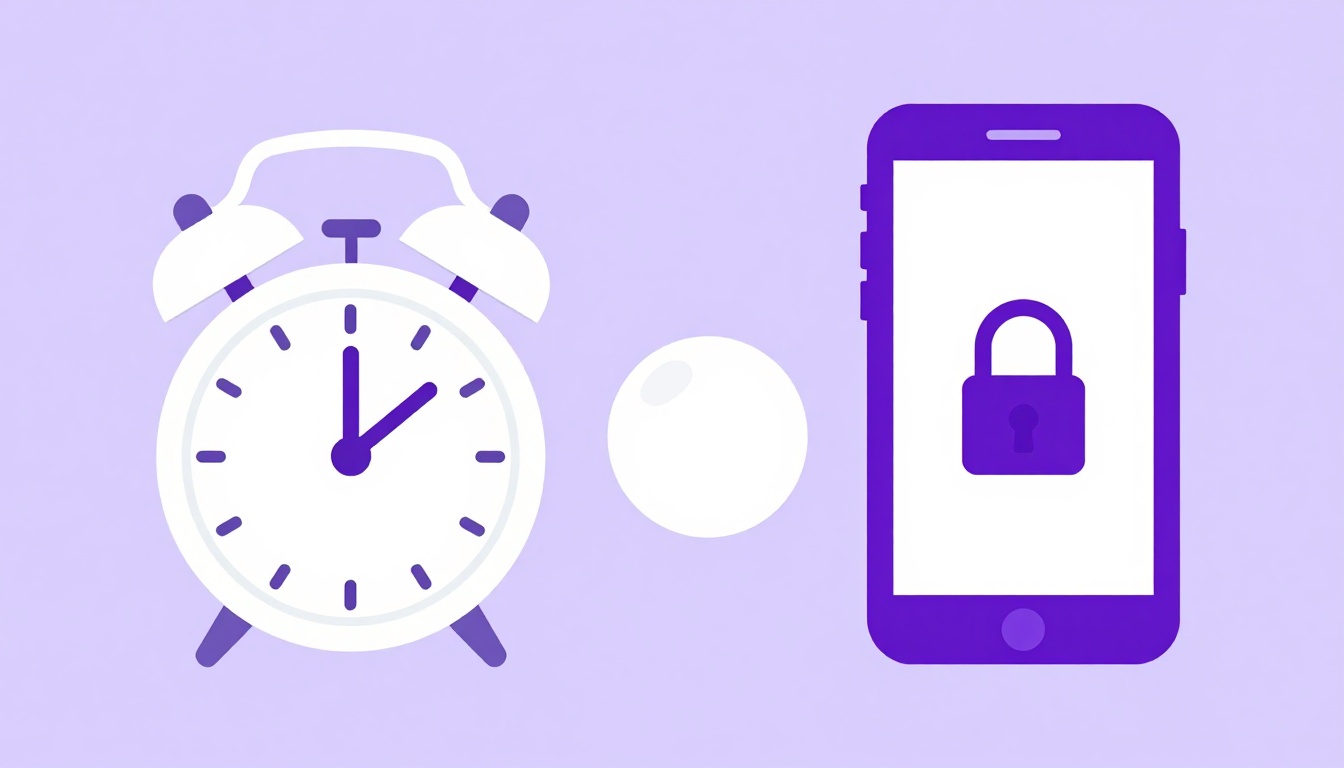 Despertador ao lado de um celular com um cadeado na tela, representando o despertador em idioma e o bloqueador de apps do Comigo