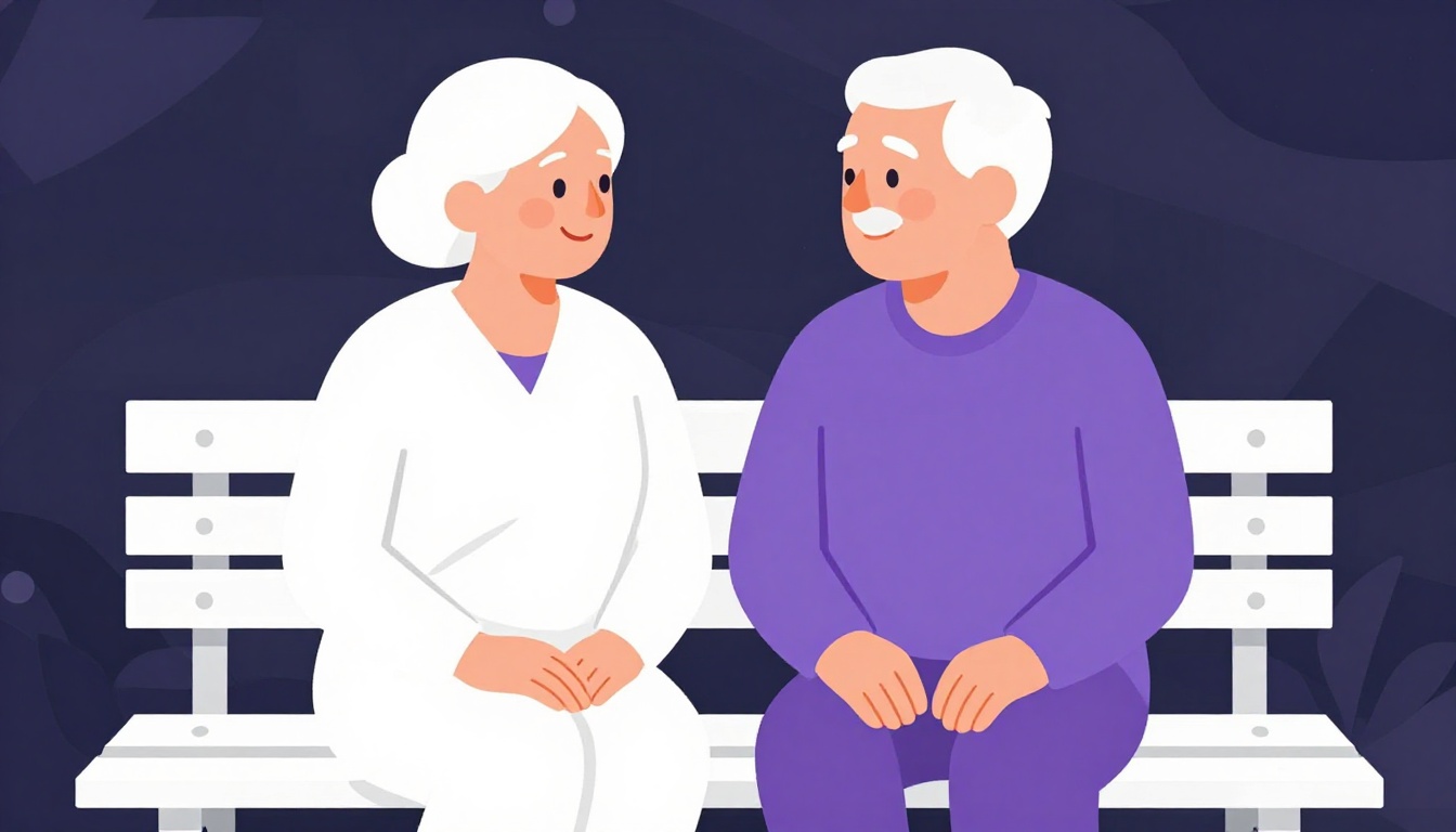 casal de idosos sentado em um banco de jardim, sorrindo um para o outro, em uma ilustração de cores quentes