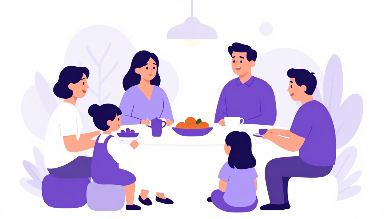 reunião de família estendida ao ar livre, várias gerações conversando e rindo ao redor de uma mesa com comida