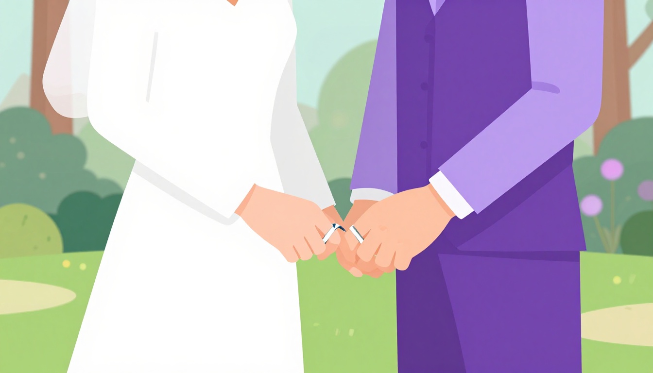 duas mãos entrelaçadas exibindo alianças de casamento, com um jardim desfocado ao fundo