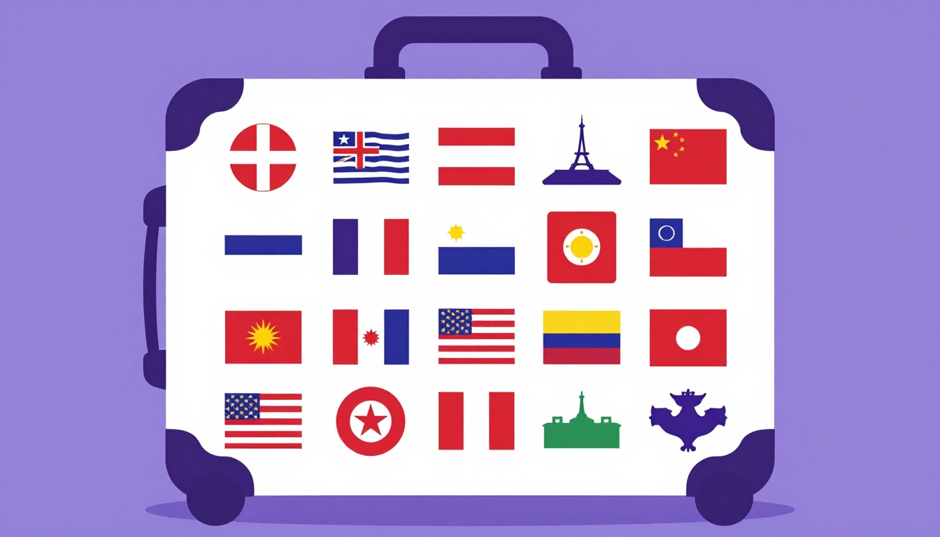 Uma mala de viagem coberta de adesivos de bandeiras e destinos diferentes