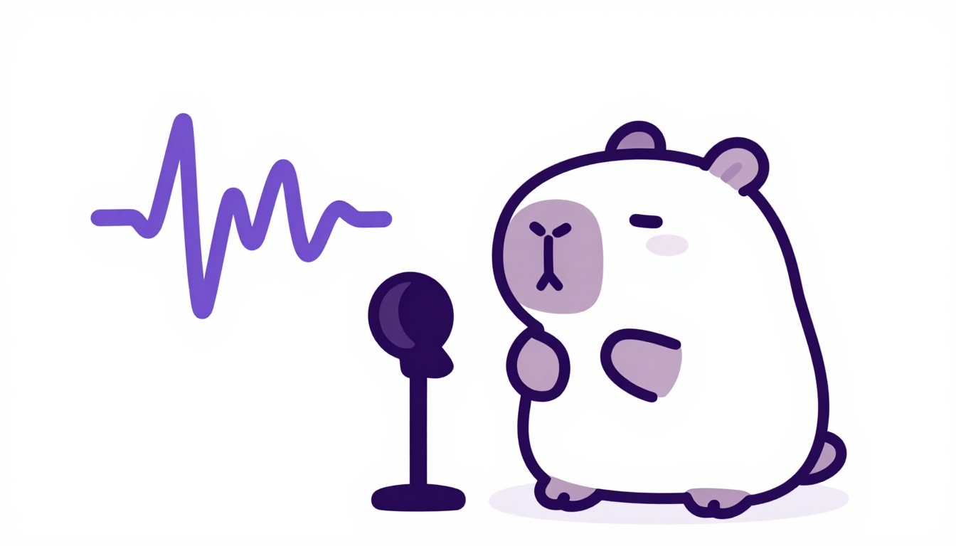 O capivara Capy falando em um microfone enquanto pratica uma frase em inglês em voz alta