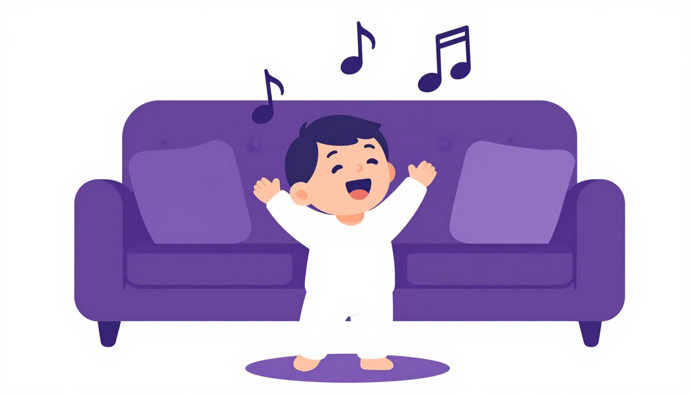 crianca cantando e dancando ao som de uma musica infantil em ingles na sala de casa