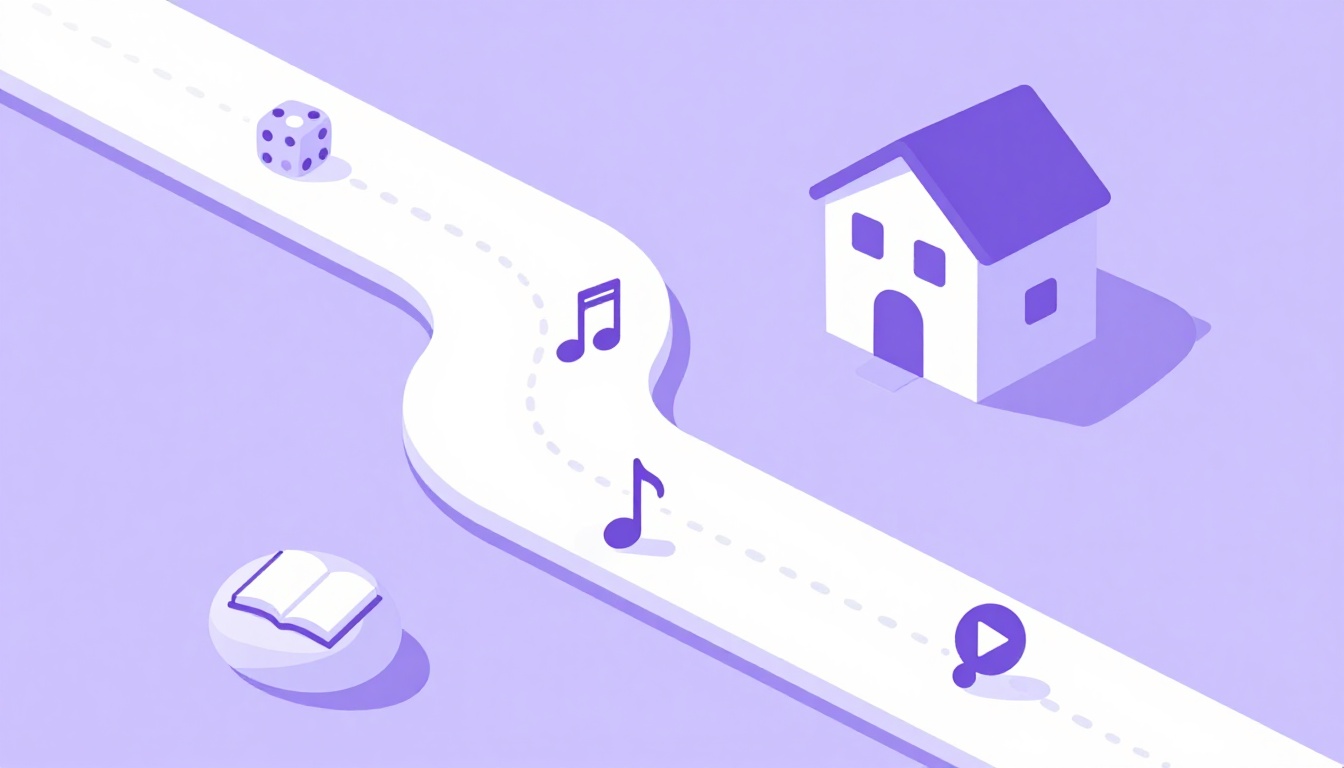 trilha de pedras com icones de musica jogo e livro levando ate uma casa, representando a rotina diaria de atividades de ingles para criancas