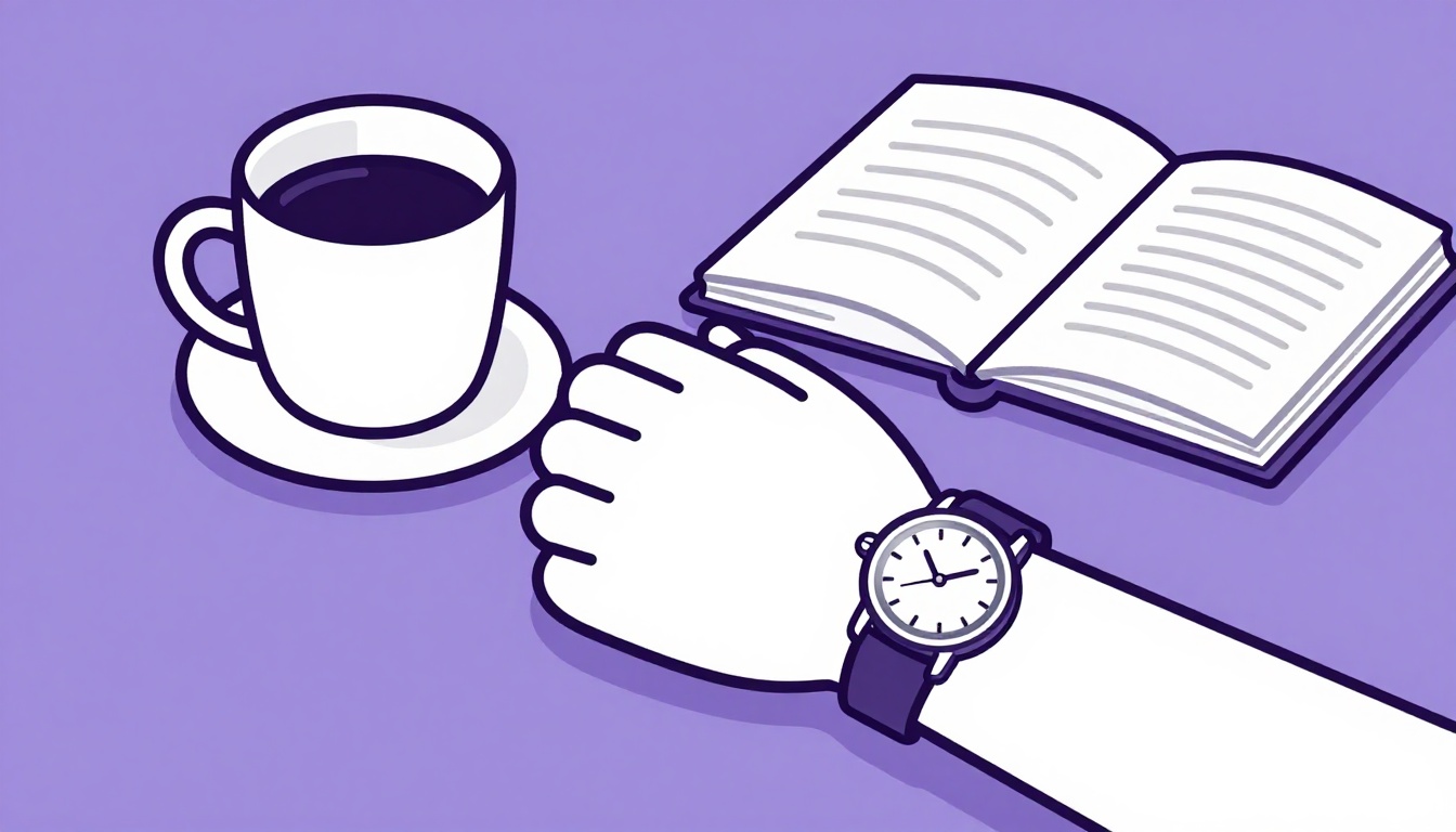 Relógio de pulso simples sobre uma mesa de café da manhã, xícara e caderno ao lado