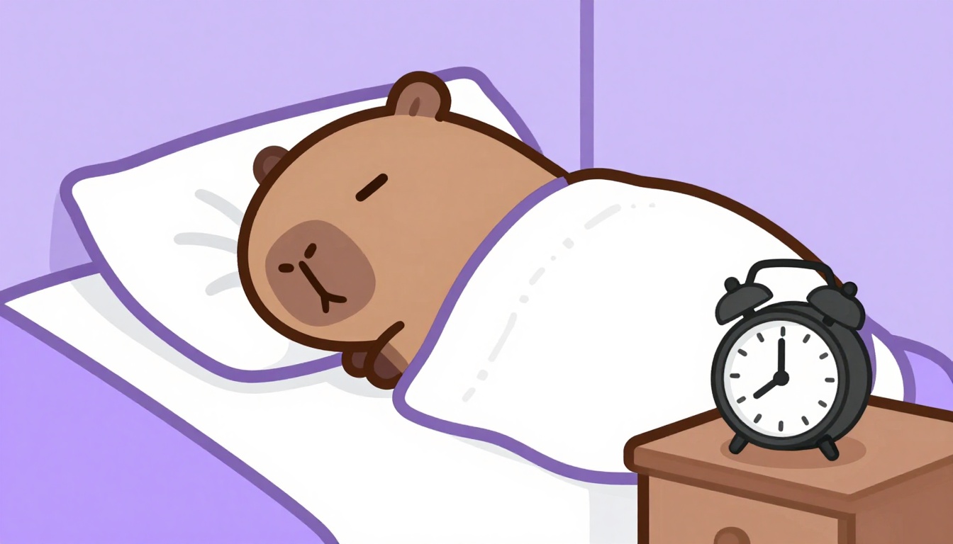 Capivara ao lado de um despertador de mesa simples, cena fofa e acolhedora