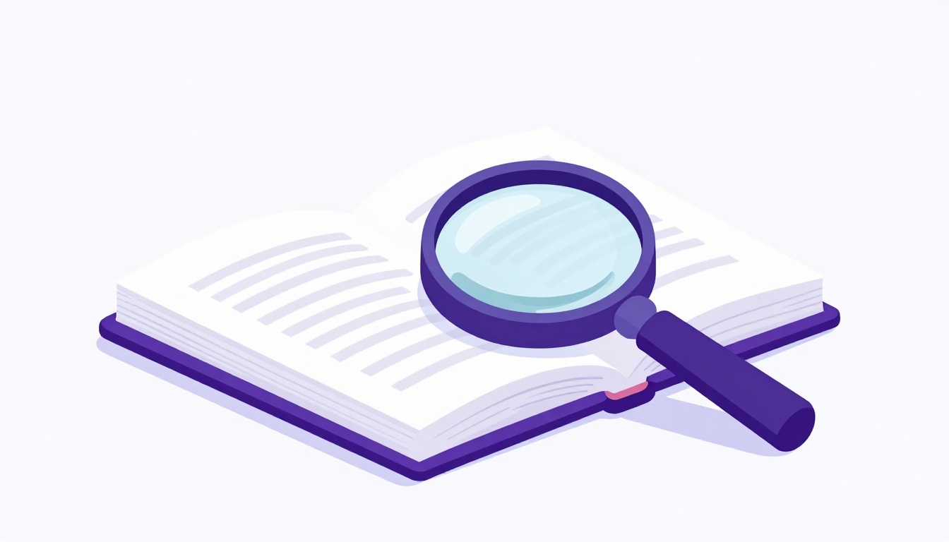 An open dictionary with a magnifying glass resting on the pages