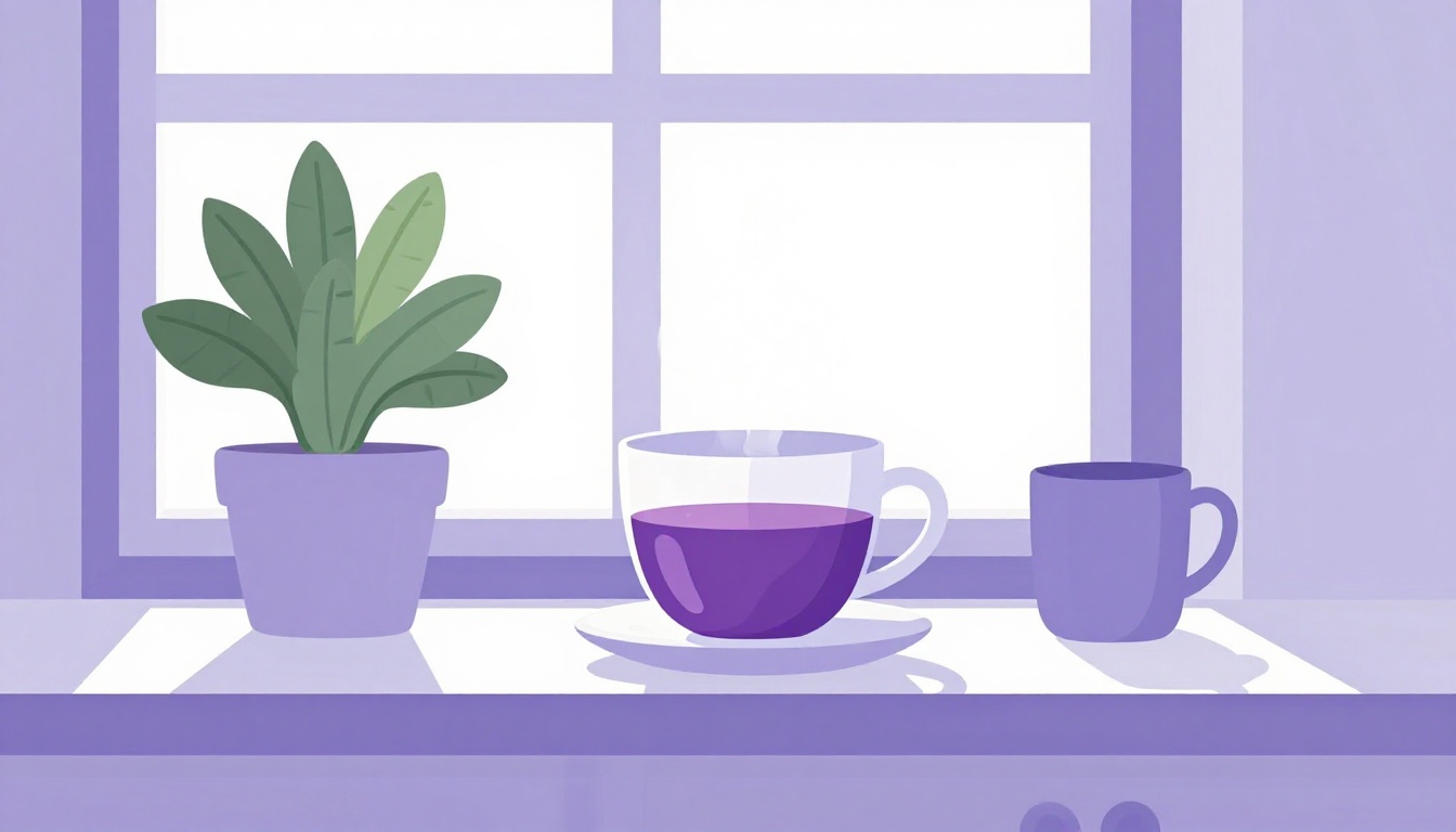 A cozy kitchen windowsill with a cup of tea and a houseplant