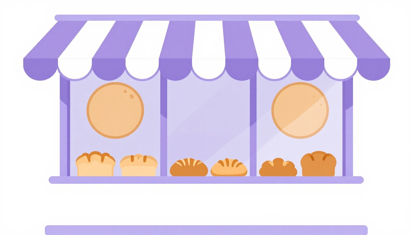 A cozy neighborhood bakery storefront with a striped awning and fresh bread in the window
