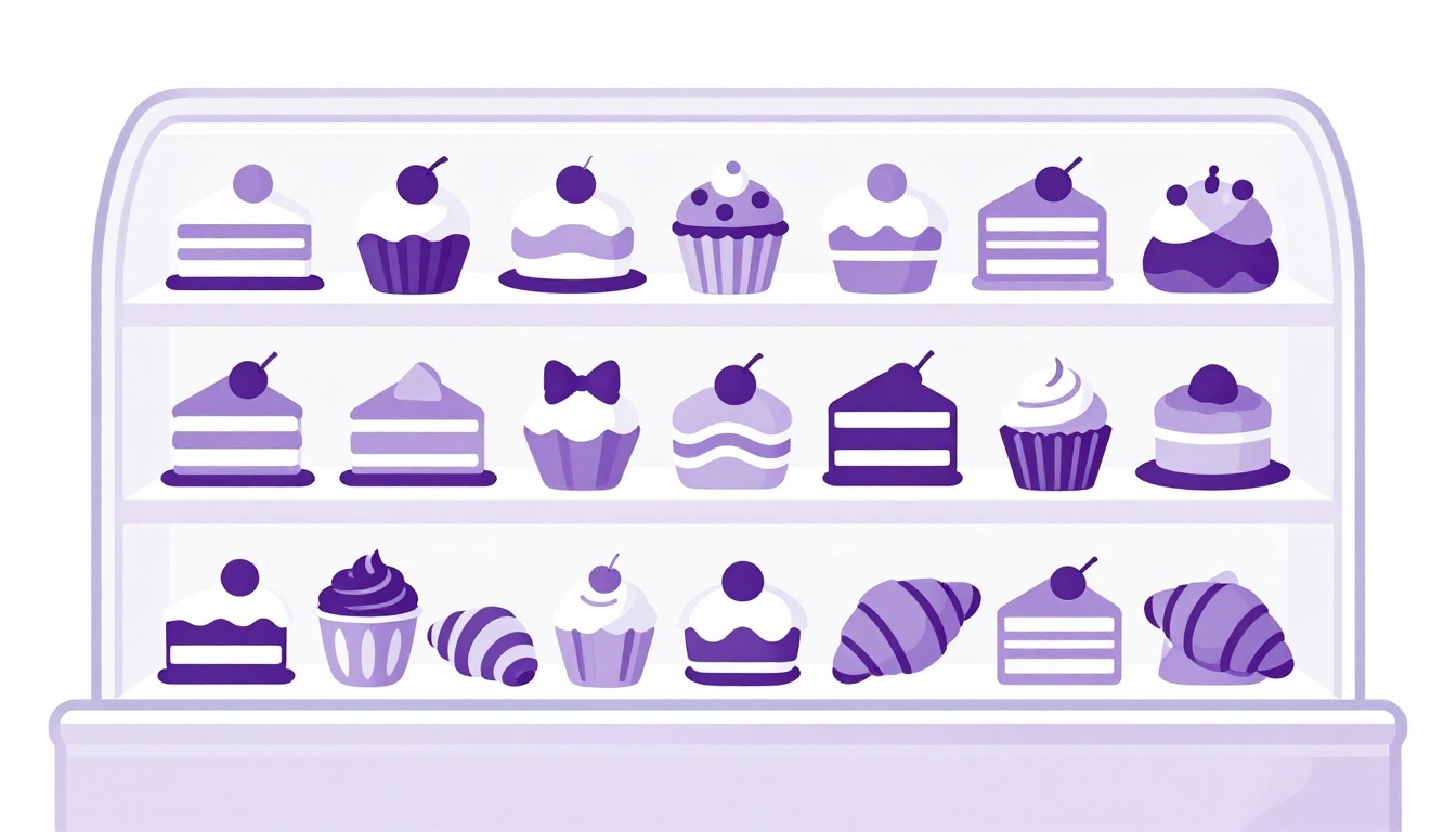 A glass display case filled with cakes, tarts, and pastries in a Portuguese-speaking bakery