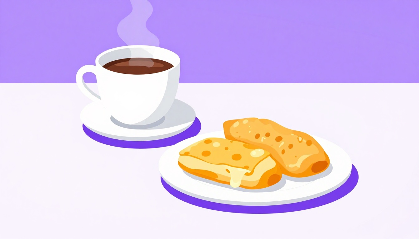 A small cup of coffee beside a cheese bread roll and a fried snack on a bakery counter
