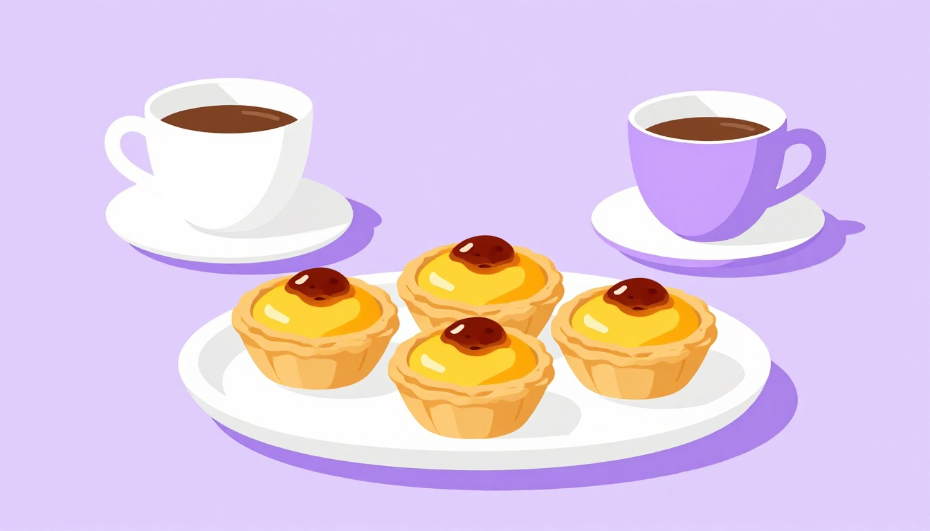 A tray of golden custard tarts beside a small espresso cup on a pastelaria counter