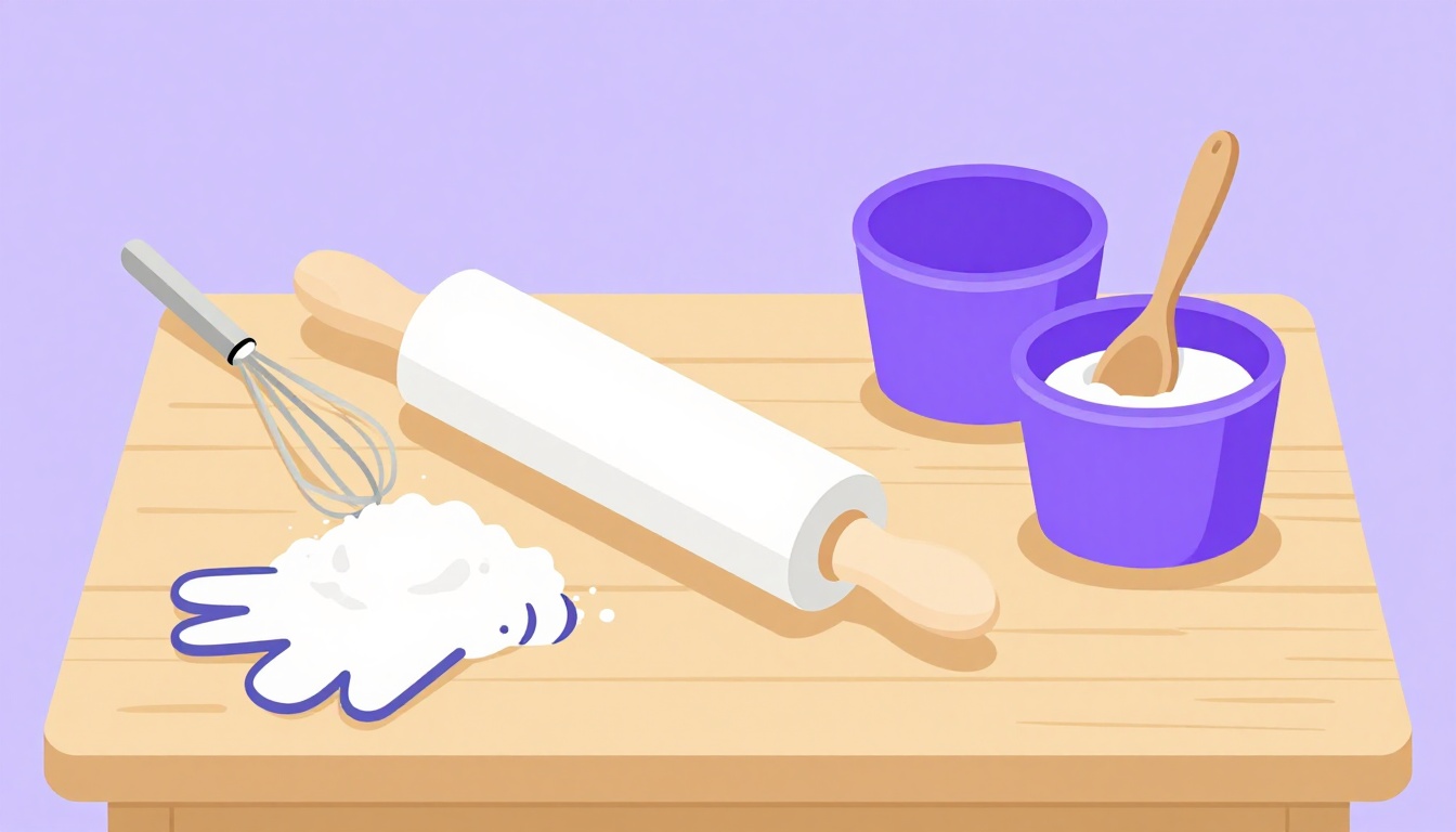 Baker's tools on a floured table, including a rolling pin, whisk, flour sack, and oven mitt