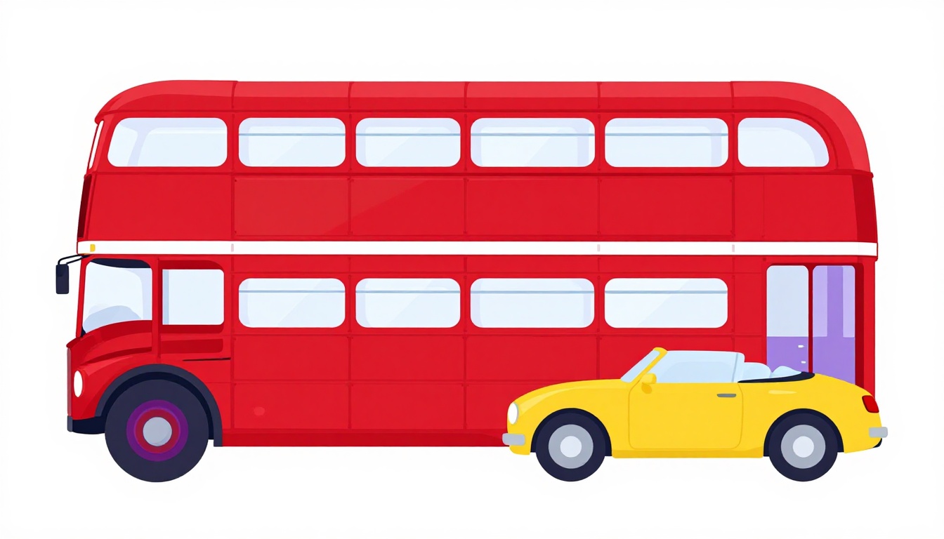 Ônibus vermelho de dois andares britânico ao lado de um carro conversível amarelo americano