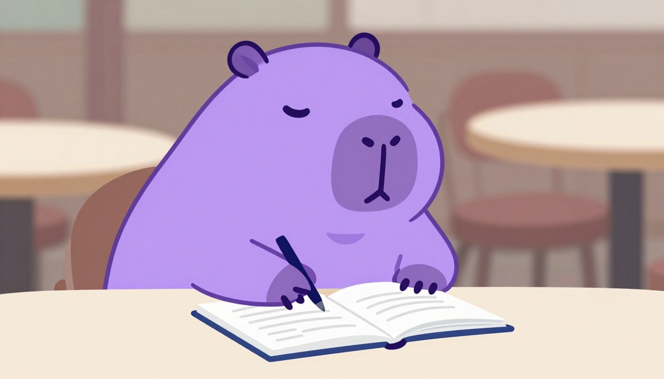 capy the capybara sitting at an outdoor cafe table in brazil with an open notebook, ready to learn basic portuguese words
