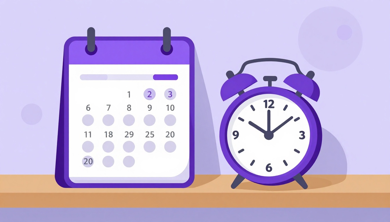 a wall calendar and an alarm clock sitting side by side on a wooden shelf