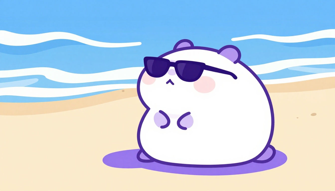 Capybara wearing sunglasses relaxing under a beach umbrella with ocean waves