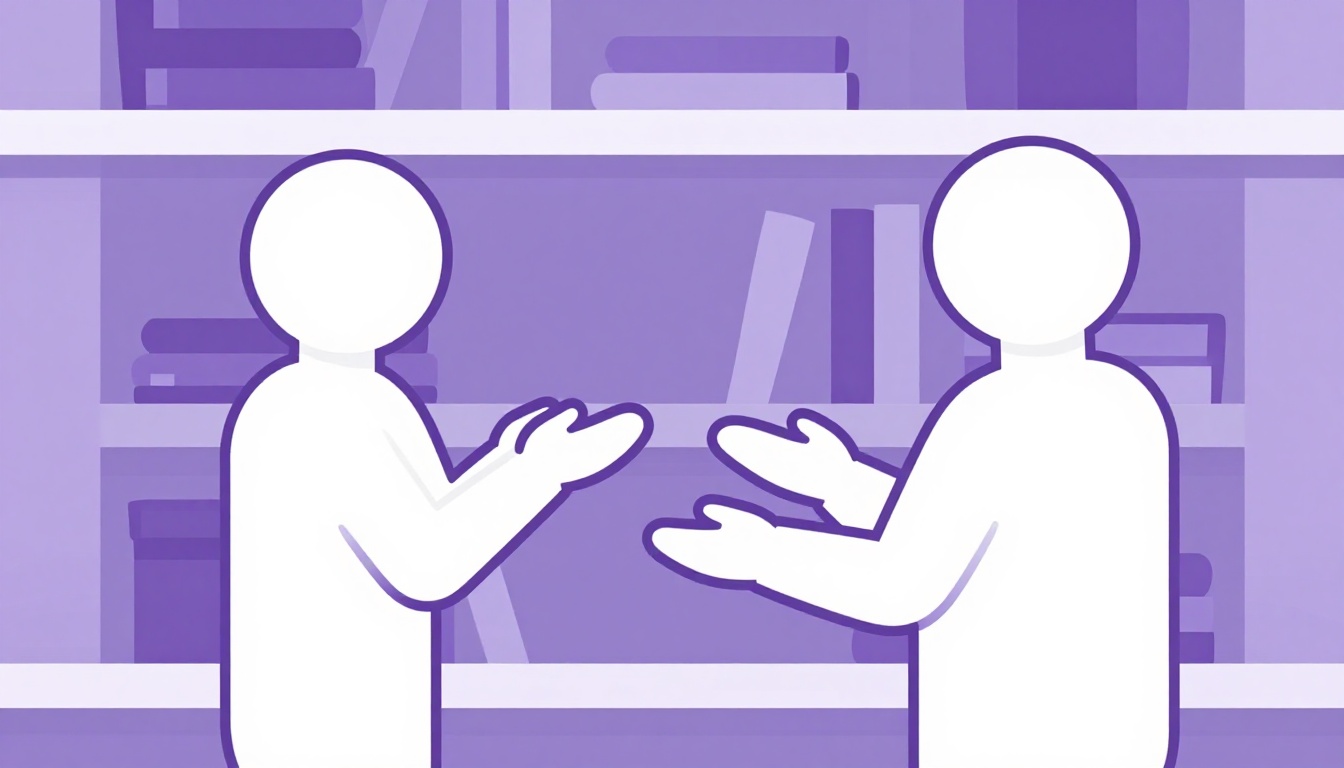 Person shrugging and turning away from a beach scene toward a bookshelf