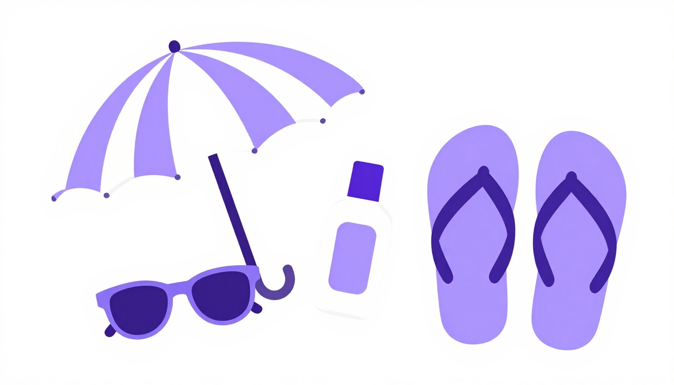 Flat lay of beach umbrella sunglasses sunscreen bottle and sandals