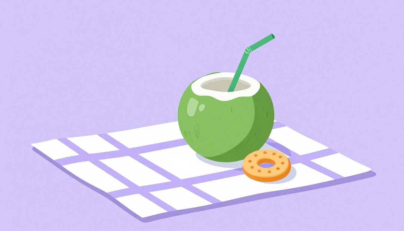 Green coconut with a straw and a round biscuit snack on a striped beach towel