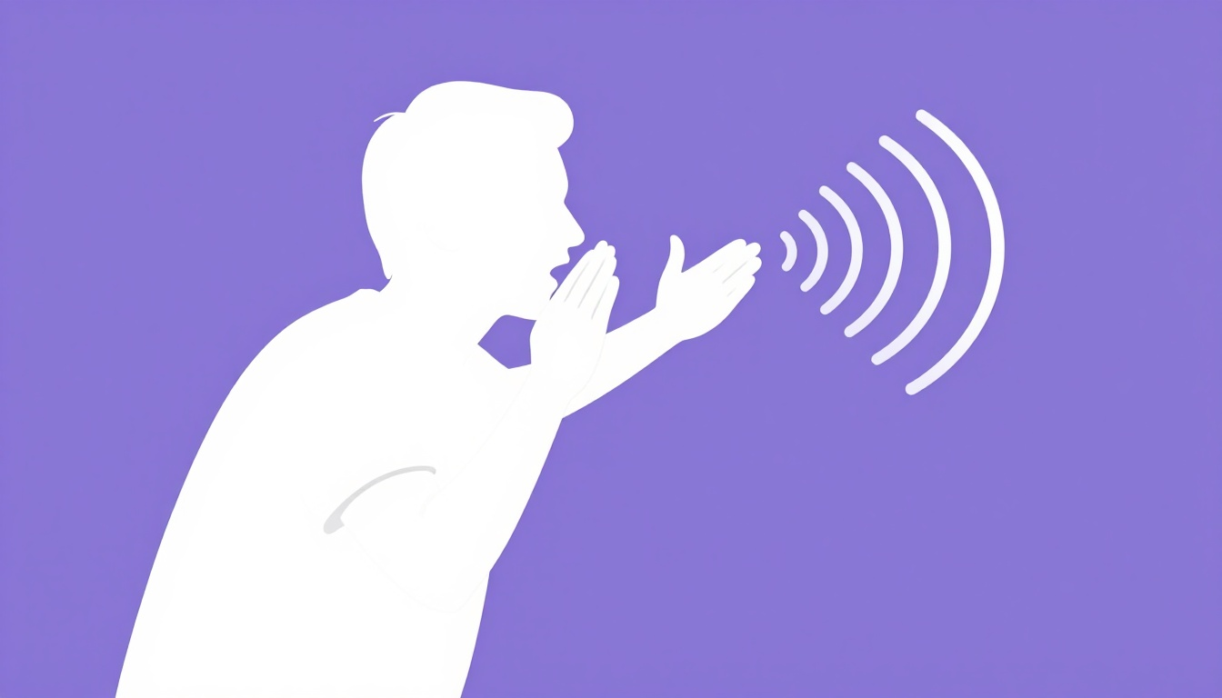 A person speaking out loud with sound wave ripples, practicing Portuguese pronunciation