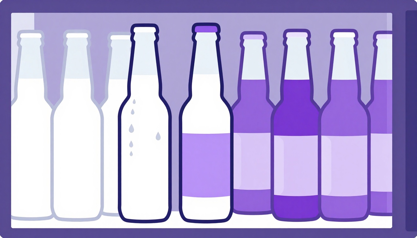 A frosty, ice cold bottle of beer next to a fridge stocked full of cold beer bottles