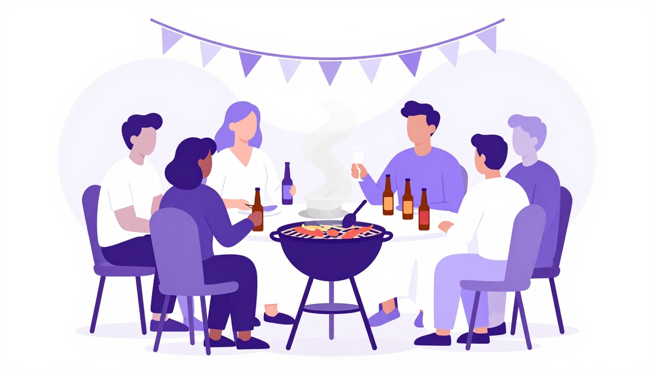 A Brazilian churrasco barbecue and football watch-party scene with beer bottles on the table