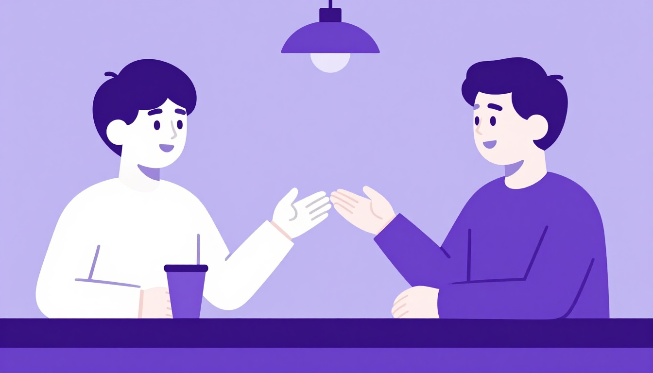 Two people at a bar counter, one gesturing to place an order with the bartender
