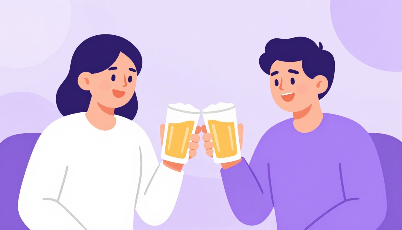 Two friends clinking beer glasses together in a cheers moment