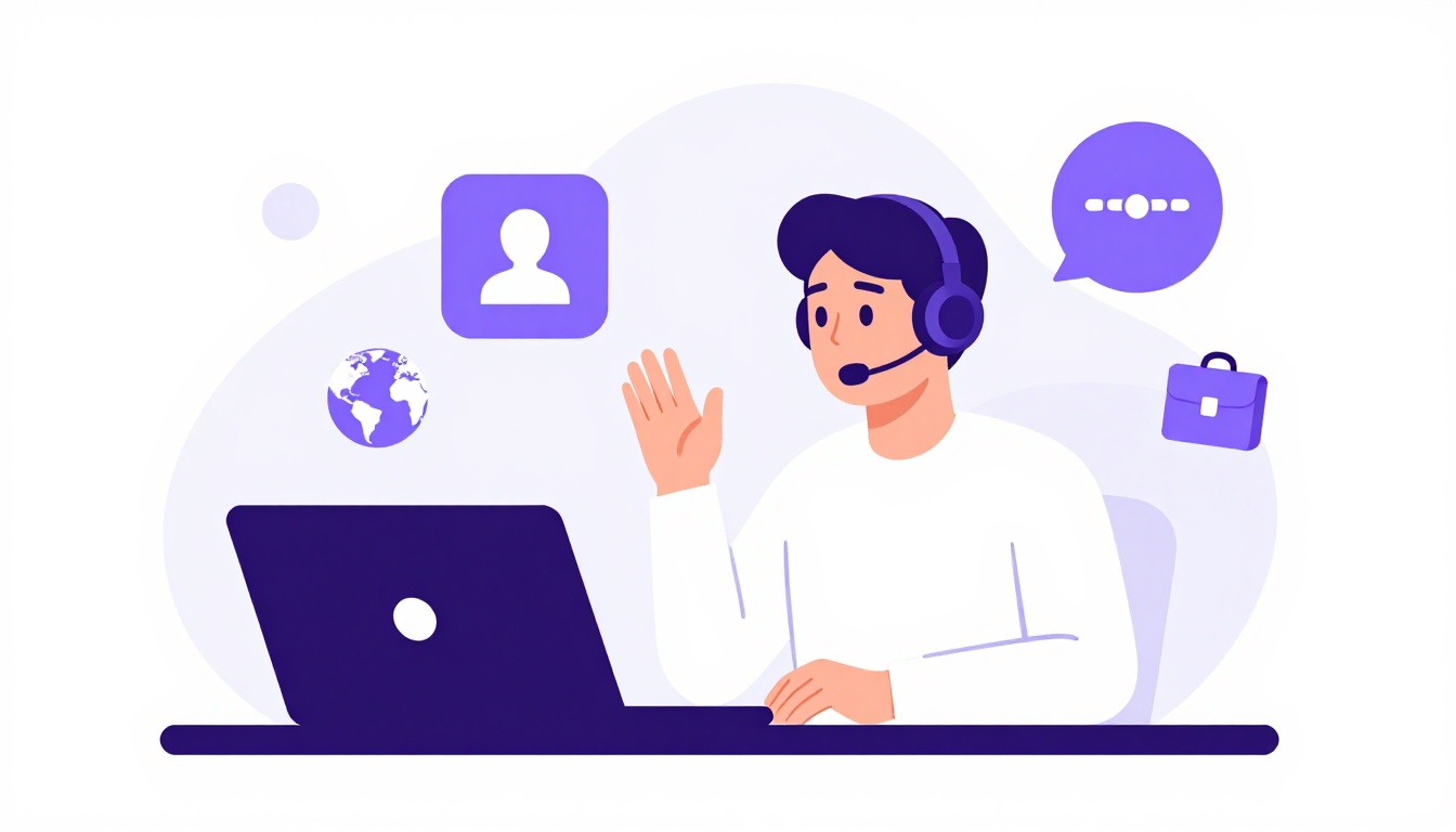 A professional on a video call speaking English confidently to international colleagues
