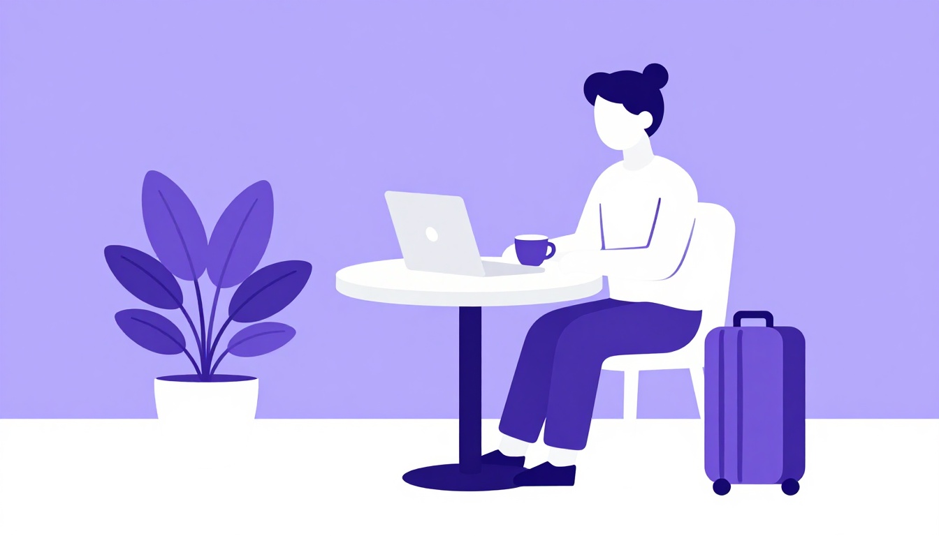 A remote worker on a laptop in a cafe joining an English-language video call
