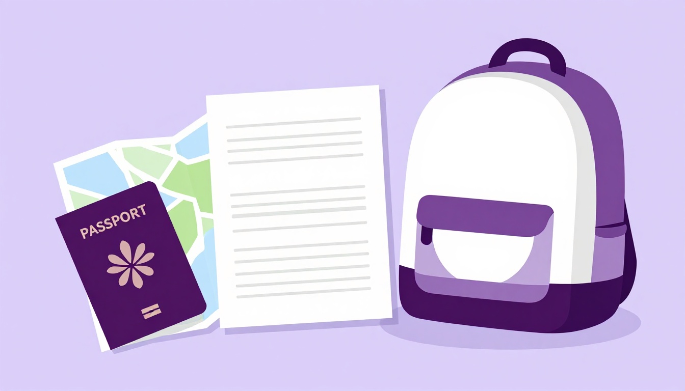 A travel flat-lay of a passport, a folded map, and a backpack laid out for planning a trip abroad