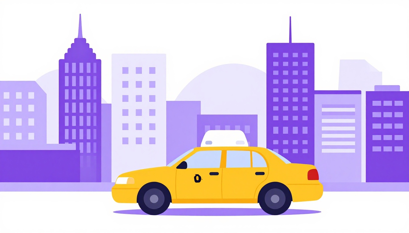A US city skyline scene with a yellow taxi in the foreground
