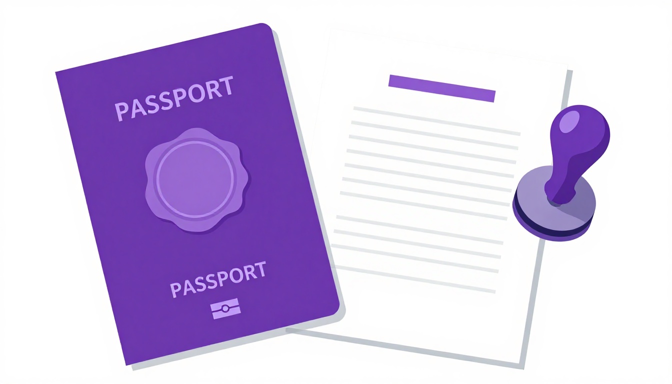 A stack of travel documents, a passport, and a visa stamp