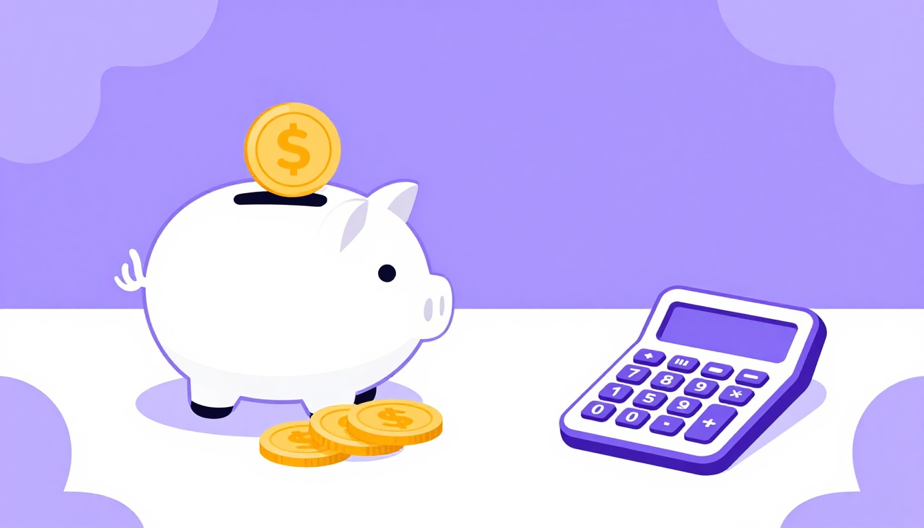 A small budgeting scene with coins, a piggy bank, and a calculator