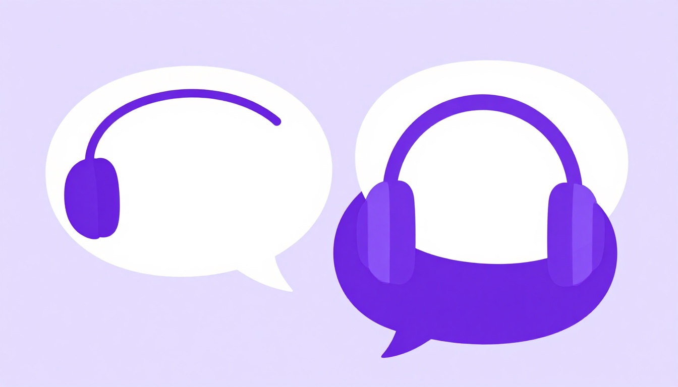 Two speech bubbles and a pair of headphones representing practicing spoken conversation