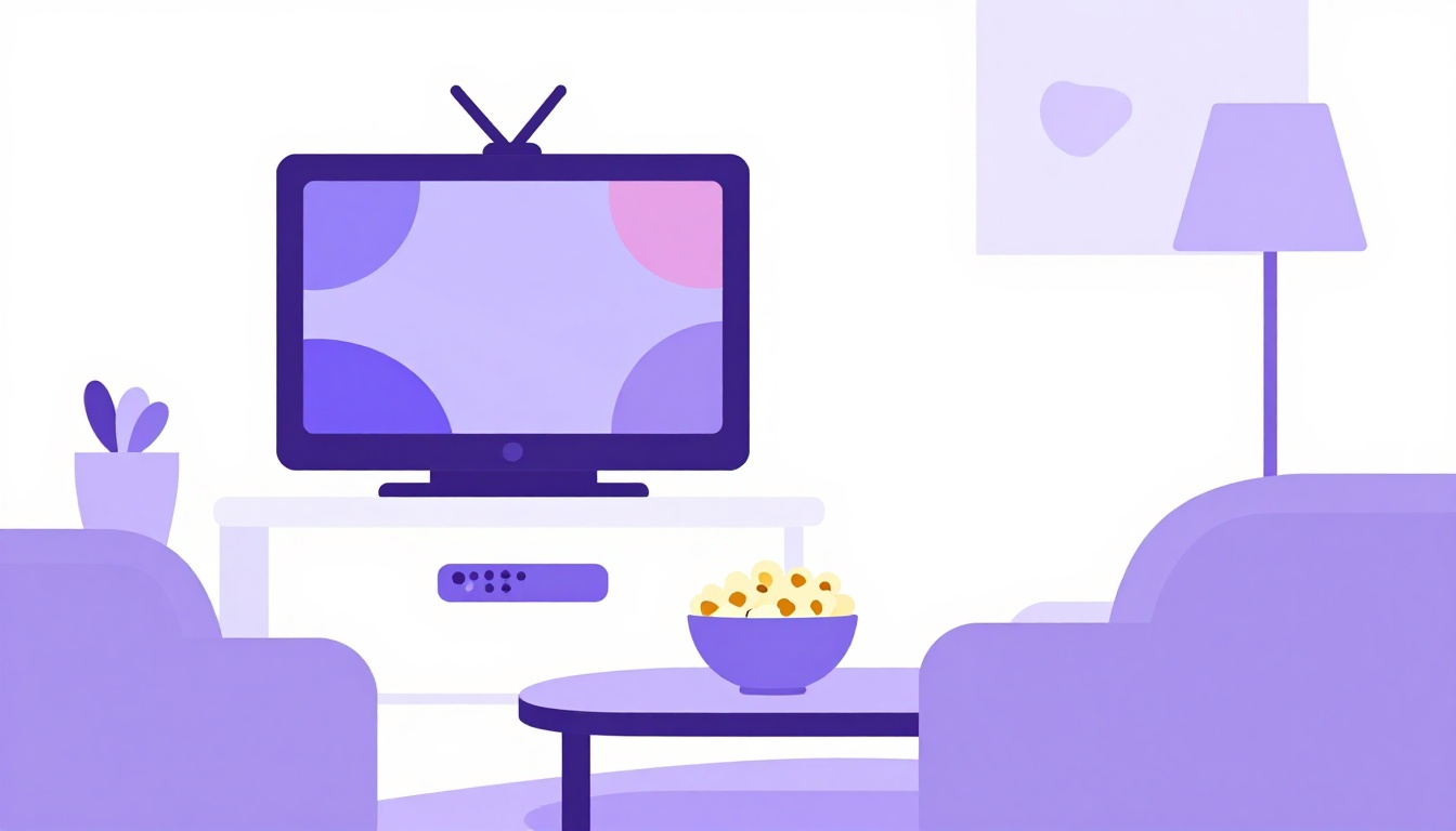 A cozy living room with a TV, remote and popcorn, ready to watch the best TV shows for learning English